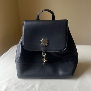 Black Faux‎ Leather Mini Backpack Gold Hardware Hook Closure Classic Minimalist